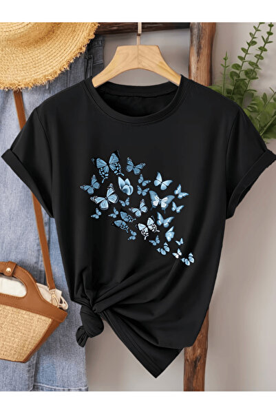 gencerco Μπλουζάκι Premium Oversize με στάμπα Blue Flying Butterflies
