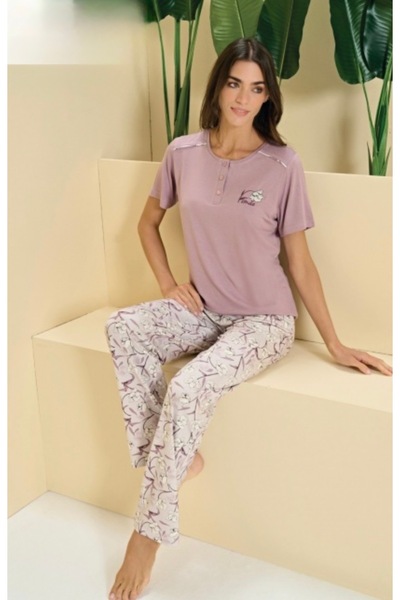 Over Sleep by Poleren ΣΕΤ ΠΙΤΖΑΜΑΣ ΒΙΣΚΟΝΙ ΜΕ ΚΟΝΤΑ ΜΑΝΙΚΙΑ ΣΕ ΧΡΩΜΑ ΛΙΛΑ