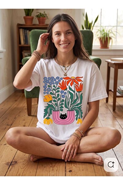 Duzor Unisex κοντομάνικο λευκό μπλουζάκι με λουλούδια και γατάκι, oversized, ...