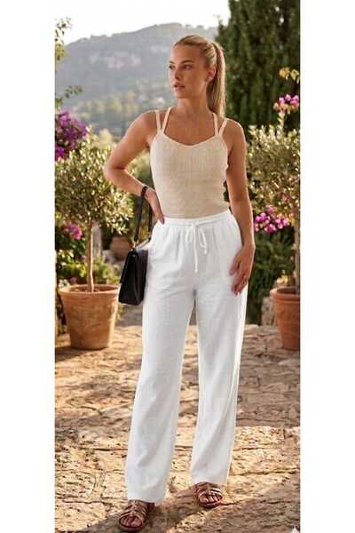 ZUM Λινό Λευκό Παντελόνι Γυναικείο με Τσέπες Βαμβακερό Oversize Αυθεντικό Στυ...