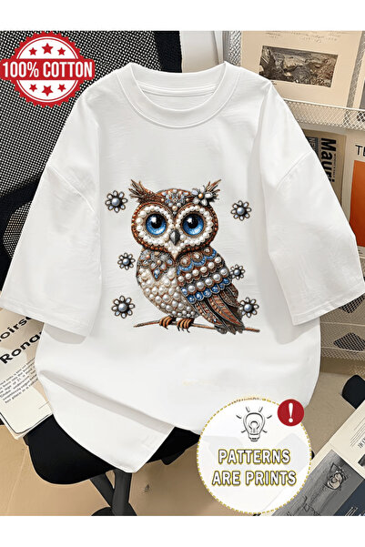 gencerco Μπλουζάκι Premium Oversize με στάμπα με σχέδιο κουκουβάγιας και πέρλες