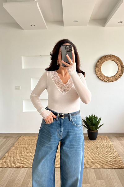 butikhola Ecru Lace Transparent Cashmere Textured Blouse