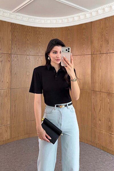 HAZELANNA Μαύρο κοντό μπλουζάκι πόλο με επένδυση