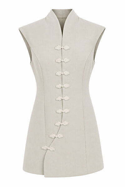 HAZELANNA Ασύμμετρο αμάνικο φόρεμα εκρού με λεπτομέρεια από κουμπιά