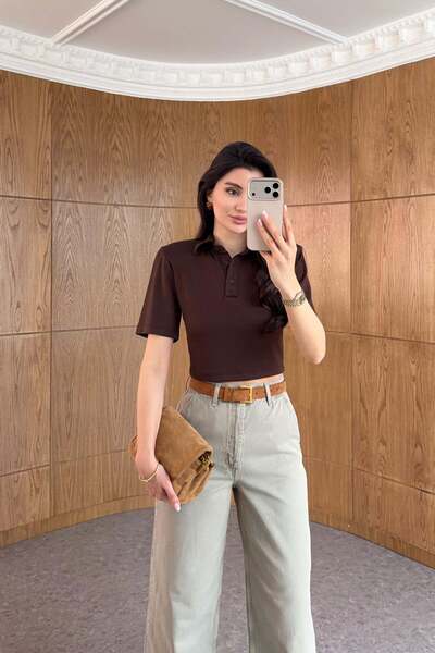 HAZELANNA Καφέ μπλουζάκι με γιακά πόλο και επένδυση