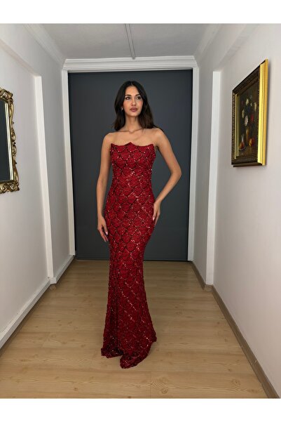gökkuşagı moda Kırmızı Straplez pul Payet Balık Uzun Abiye Elbise