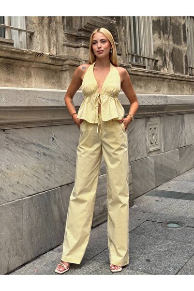 louyan fashion Kadın Çizgili Halter Yaka Sırt Detaylı Bluz Yelek