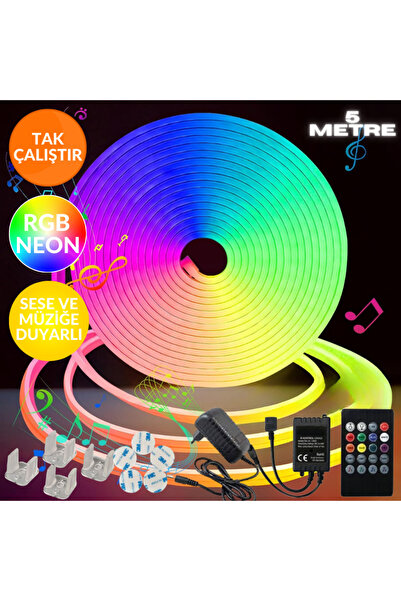 Yellowtech RGB Neon LED Şerit 5 Metre Sese Müziğe Duyarlı Kumandalı Çok Renkli Esnek Dekoratif Led