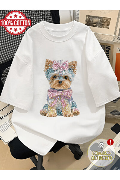 gencerco Πολύχρωμο μπλουζάκι με στάμπα χαριτωμένου σκύλου, Premium Oversize