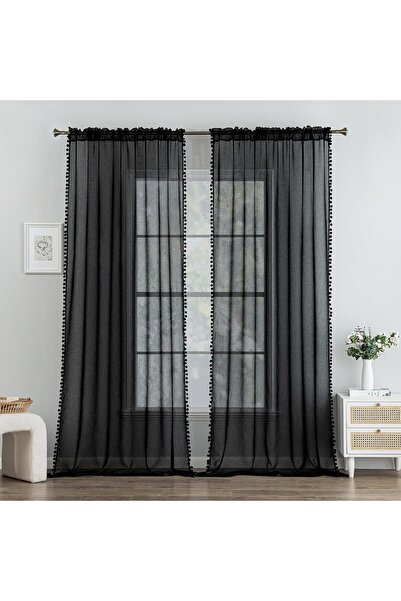 MIULEE Κουρτίνες με Πομ Πομ, Όμορφες Μαύρες Διαφανείς Κουρτίνες για Παιδικό Δ...