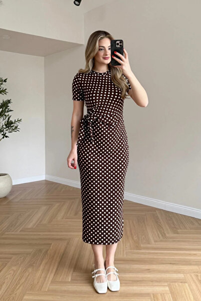 MOZENA Tie-Detail Polka Dot Dress with Side Slits