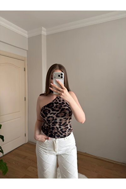 Souwe Leopar Desenli Fularlı Tül Bluz