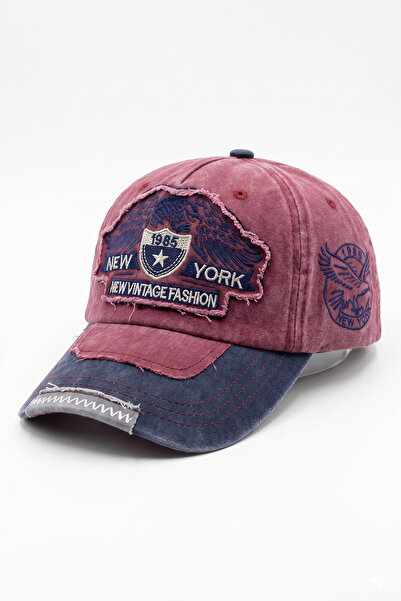 Kapin Eskitme Kot Bordo Baseball Cap Nakışlı Tasarım Şapka