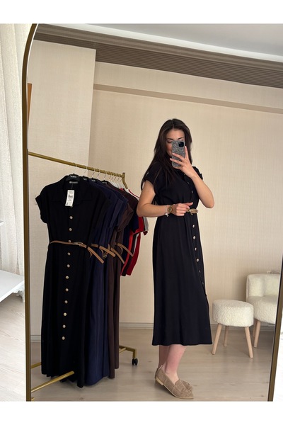 BELİN Kemer Detaylı Düğmeli Midi Elbise
