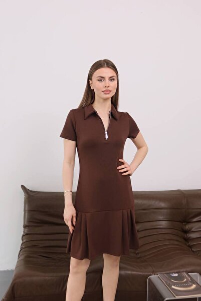 MİHRİZAR Κομψό γυναικείο μίντι φόρεμα με φερμουάρ και λεπτομέρεια από πλισέ ύ...