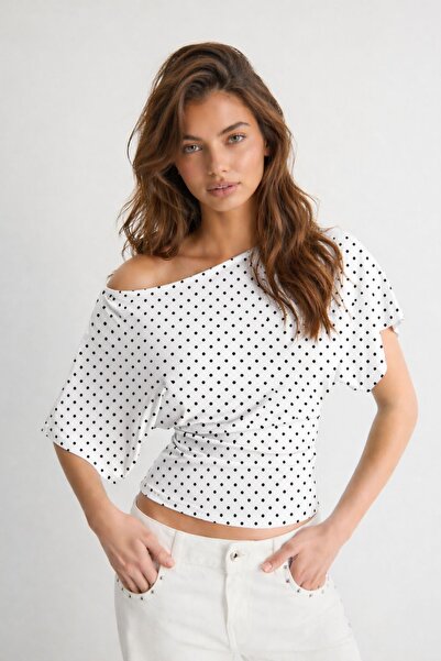 MAG FASHİON Λευκή γυναικεία μπλούζα πουά, ασύμμετρη, με μανίκια νυχτερίδα, 97...