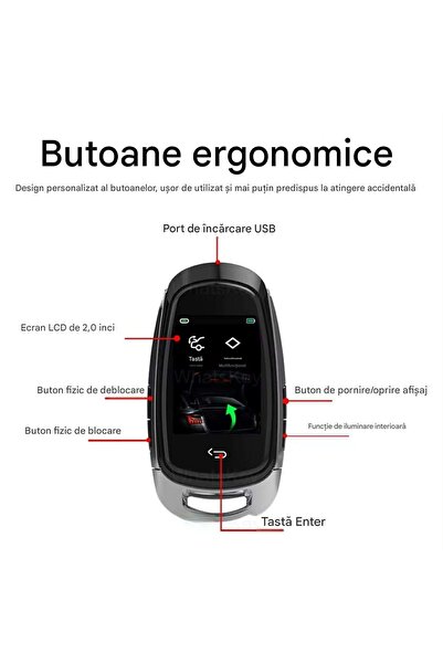 CerCip Cheie auto digitală, Activare acces fără cheie, Cheie auto inteligentă, Ecran tactil LCD, 4 butoane, Argintiu