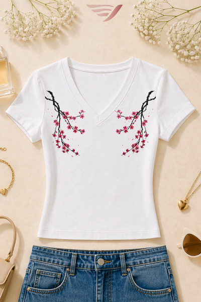 Velostra Women's Basic Daily Use Floral Printed V-Neck Slim Fit T-Shirt