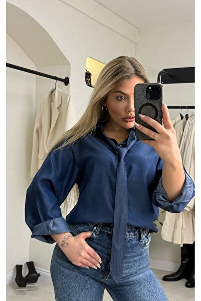 liya butik Lacivert Kravatlı Tencel Gömlek