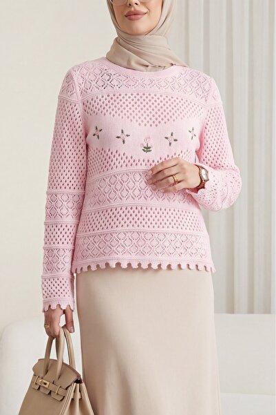 Modamorfo Πλεκτό πουλόβερ με κεντητό διάτρητο σχέδιο λουλουδιών - σε σκόνη