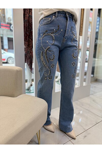 Denim Taş Detaylı Yüksek Bel Straight Fit Jean Pantolon