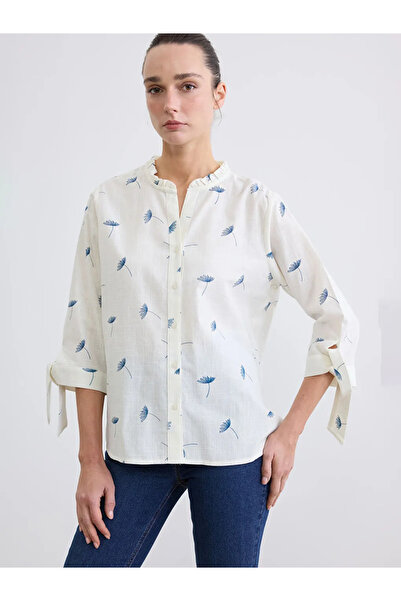 LC Waikiki Λευκό γυναικείο πουκάμισο με βολάν και σχέδιο στο γιακά