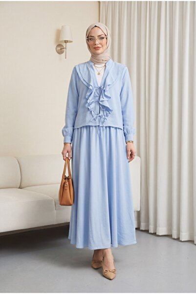 Modamorfo Modal Suit with Front Tie and Flywheel Detail Skirt - Light Blue