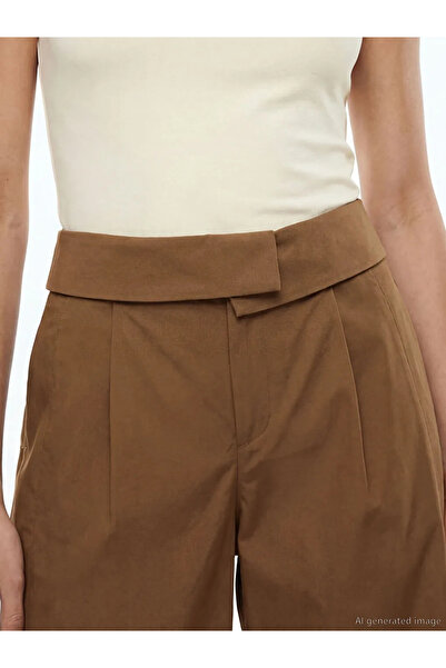 LC Waikiki Καφέ ψηλόμεσο γυναικείο παντελόνι με φαρδιά μπατζάκια και άνετη εφ...