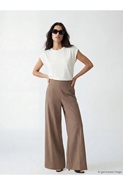 LC Waikiki Καφέ γυναικείο παντελόνι με φερμουάρ στη μέση και φαρδιά μπατζάκια