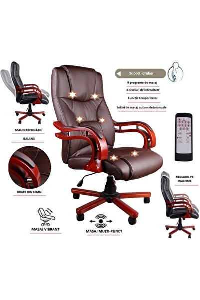 Mobplayers Holzen Brown Καρέκλα Γραφείου με Μασάζ, Δερμάτινη, Γυαλιστερά Μπρά...