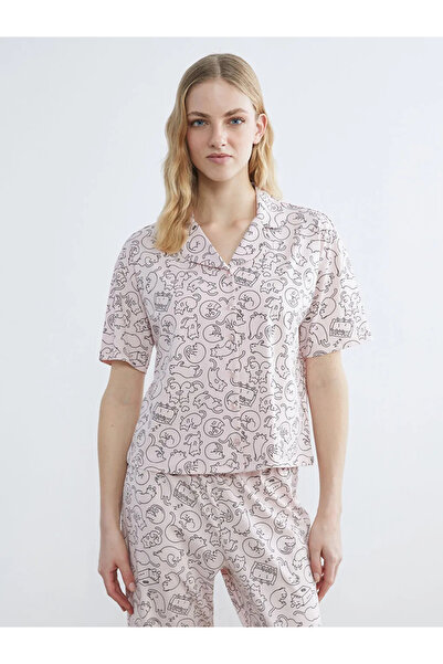 LC Waikiki Ροζ πουκάμισο με γιακά και στάμπα γάτας, γυναικεία πιτζάμα