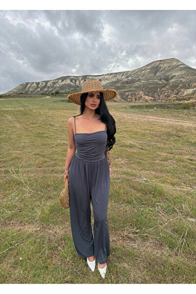 kırmızı butiks Ανθρακί Πολυτελής Ολόσωμη Φόρμα με Κρεμαστά Λουράκια