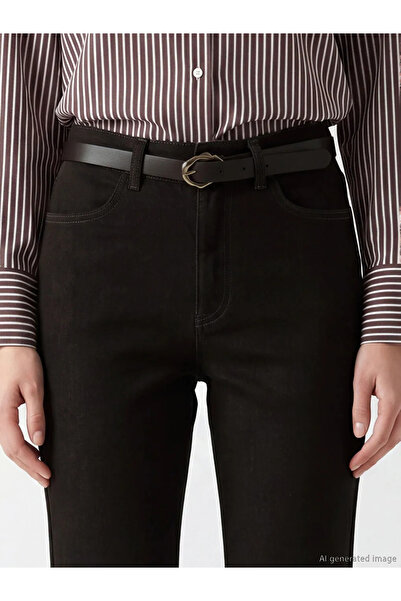 LC Waikiki Καφέ γυναικείο τζιν παντελόνι με ζώνη στη μέση και φαρδιά μπατζάκια