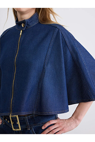 LC Waikiki Γυναικείο τζιν πόντσο σε σκούρο μπλε με όρθιο γιακά