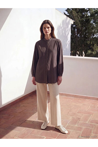 LC Waikiki Καφέ γυναικείο πουκάμισο τουνίκ με ριγέ γιακά
