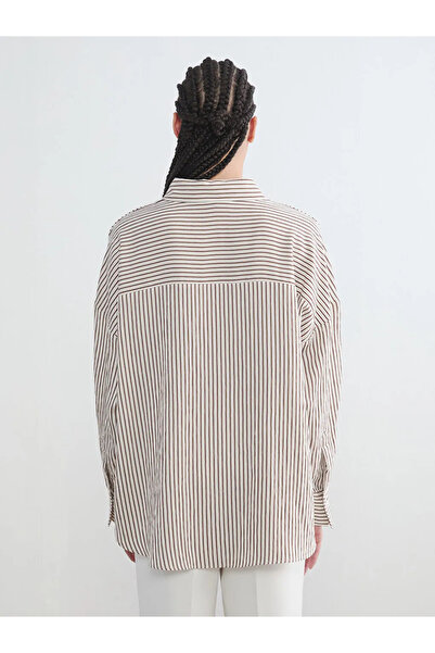 LC Waikiki Καφέ ριγέ oversized γυναικείο πουκάμισο