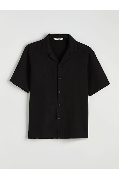 LC Waikiki Black Regular Fit Resort Collar Muslin Men's Shirt