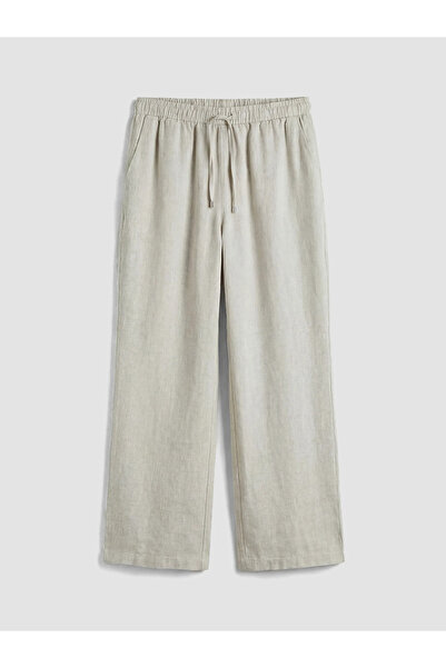 LC Waikiki Μπεζ γυναικείο λινό παντελόνι με ελαστική μέση