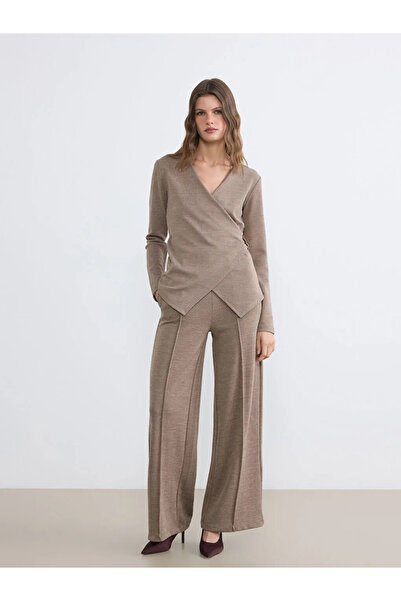 LC Waikiki Καφέ ψηλόμεσο γυναικείο παντελόνι με φαρδιά μπατζάκια