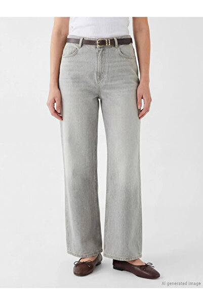 LC Waikiki Γκρι ψηλόμεσο γυναικείο τζιν παντελόνι με φαρδιά μπατζάκια