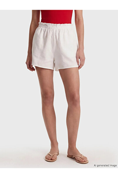 LC Waikiki Λευκό γυναικείο σορτς παραλίας με ελαστική μέση και λινή όψη