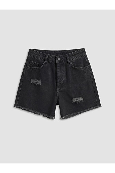 LC Waikiki Μαύρο σκισμένο τζιν σορτς για κορίτσια με λεπτομέρειες