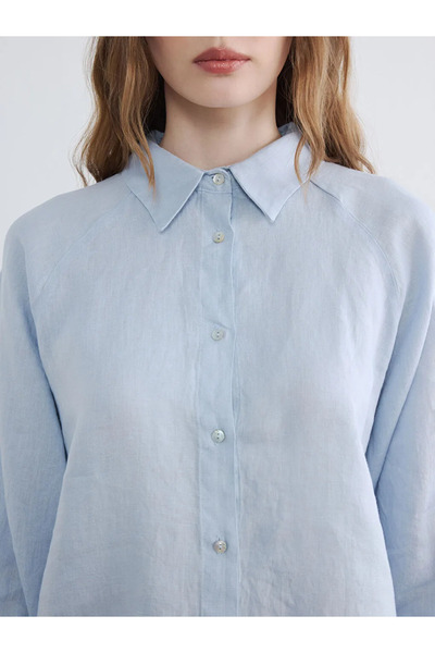 LC Waikiki Μπλε γυναικείο πουκάμισο 100% λινό