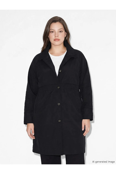 LC Waikiki Μαύρο γυναικείο αδιάβροχο με γιακά πουκάμισου