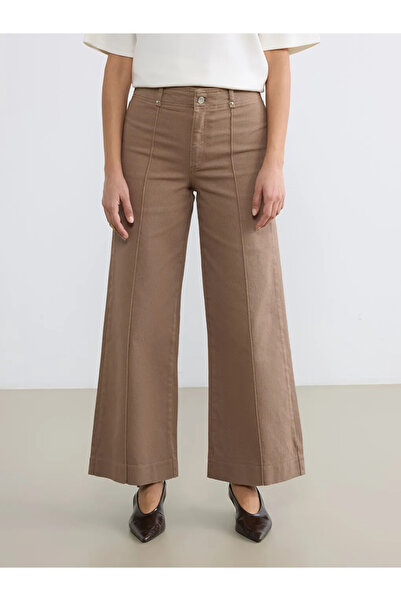 LC Waikiki Μπεζ ψηλόμεσο γυναικείο τζιν παντελόνι με φαρδιά μπατζάκια