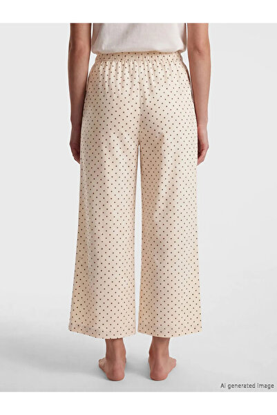 LC Waikiki Μπεζ γυναικείο παντελόνι πιτζάμας κάπρι με ελαστική μέση και πουά ...
