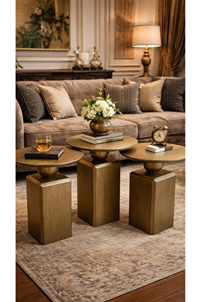 Gold Design OBLİX ESKİTME üçlü takım Lake yan sehpa zigon 1. sınıf lake