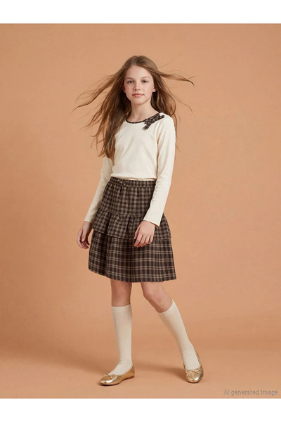 LC Waikiki Καφέ καρό κοντή φούστα για κορίτσια με ελαστική μέση