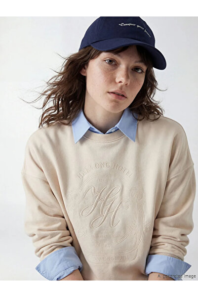 LC Waikiki Ecru Paris Κεντημένο Oversize Γυναικείο Φούτερ