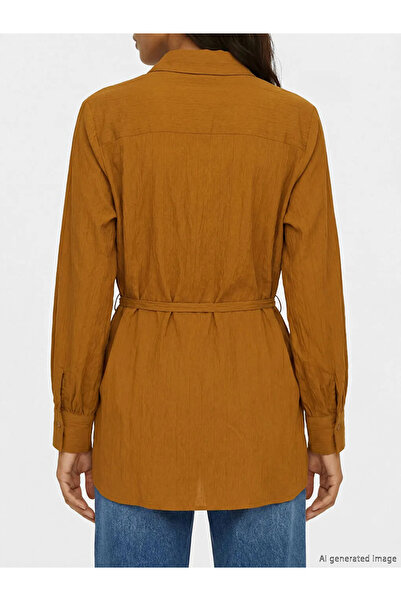 LC Waikiki Κίτρινο Γυναικείο πουκάμισο τουνίκ Ζώνη τεμαχίων oversized Dobby